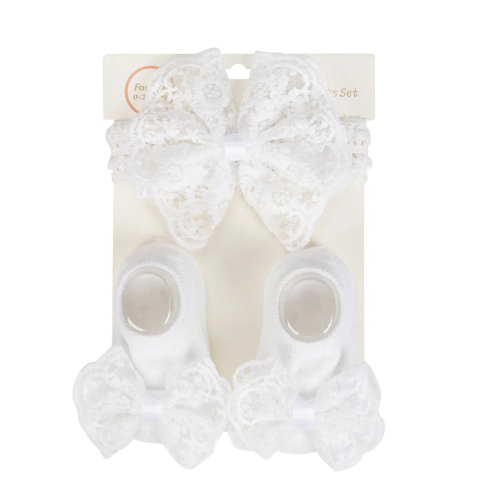 3Pcs/Set Cream Lace Baby Headbands&Socks Newborn Princess Girls Wide Rhinstone Pearl Eastic Hairbands Kids Headwear Photo Props