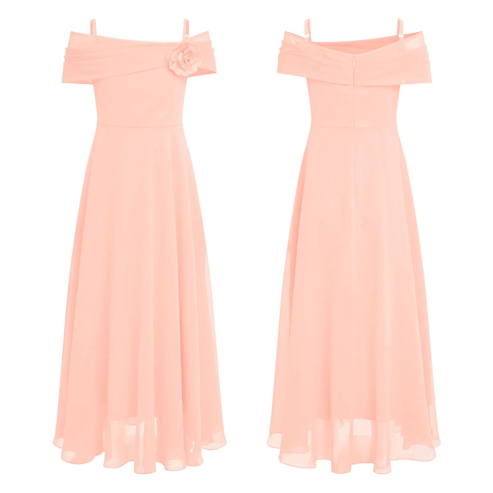 Kids Girls Elegant Party Dress Wedding Bridesmaid Birthday Prom Gown Off Shoulder Ruched 3D Flower Applique Chiffon Maxi Dresses