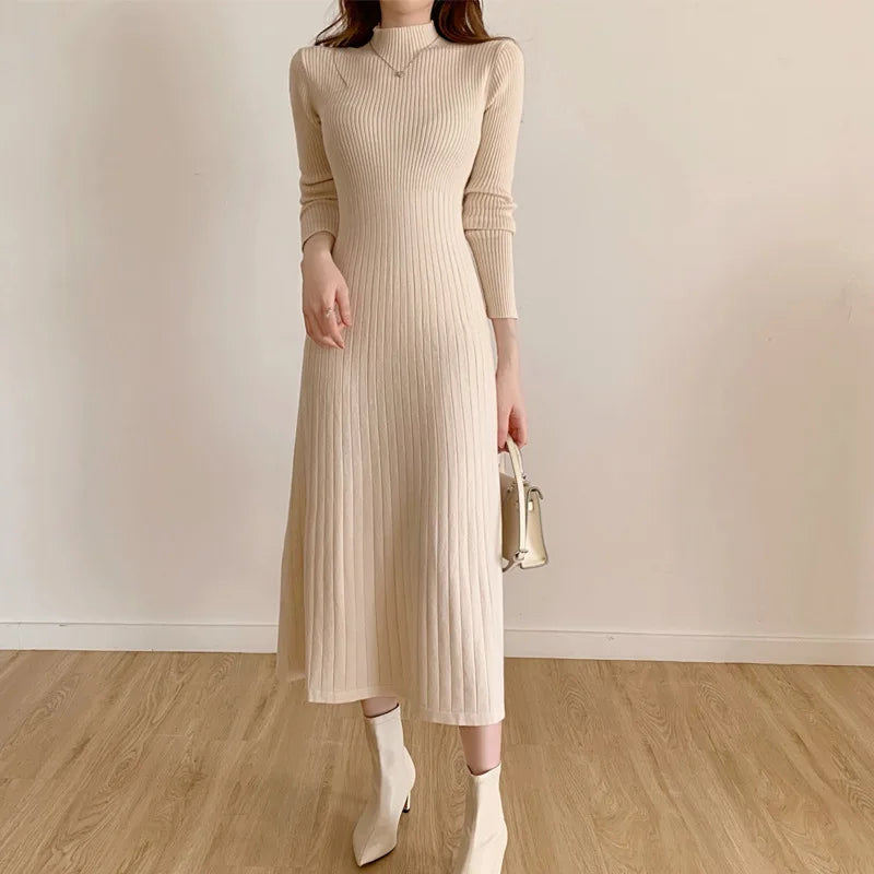 Long Knitted Dress Women Winter Sweater Dress Female Elegant Slim Long Sleeve Knee Length Dress Ladies Warm Office Dresses