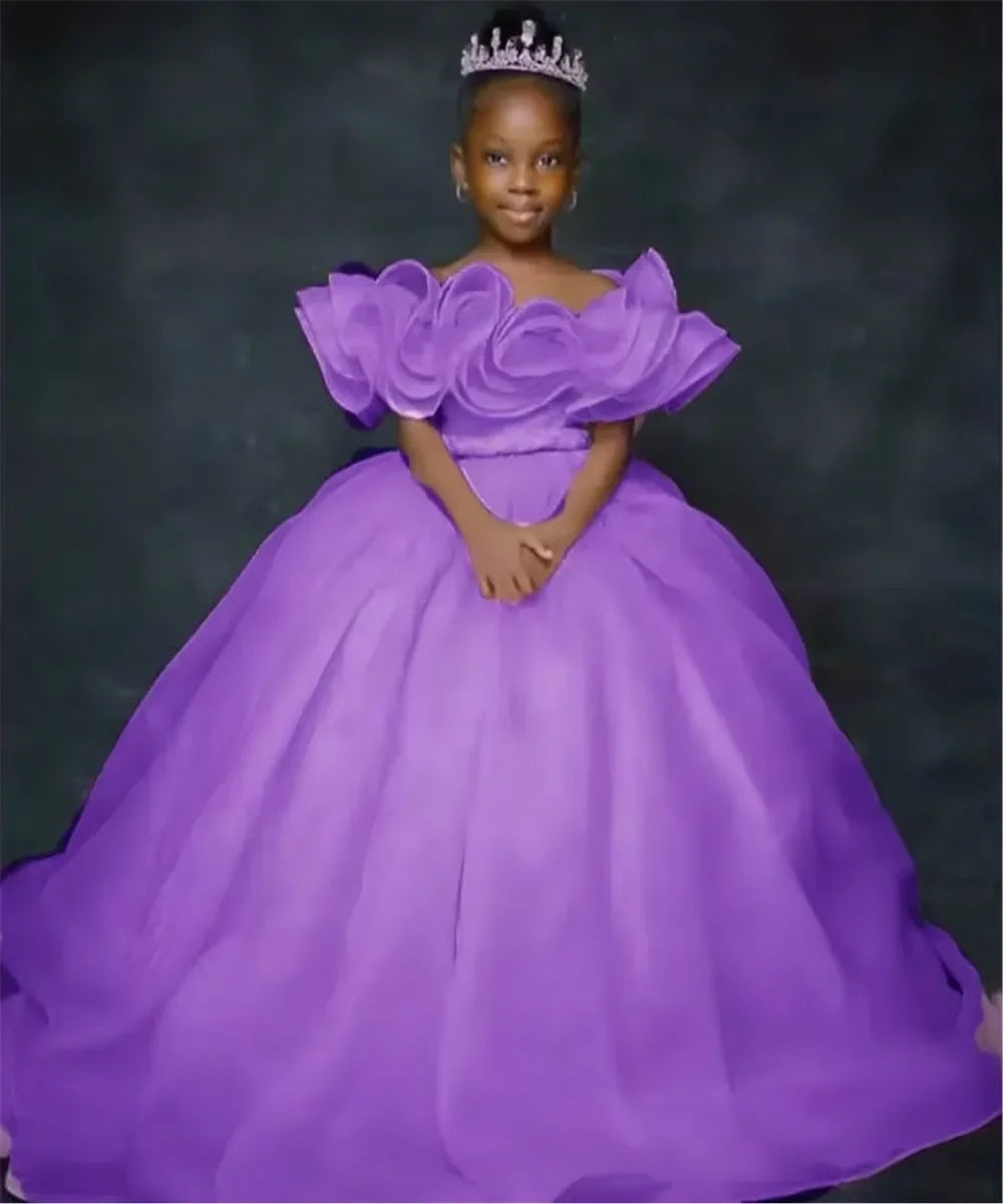 Custom JDY Kids' Birthday Dress Custom Flower Girl Dress Off-Shoulder Ruffled Tiered Tulle Ball Gown Wedding
