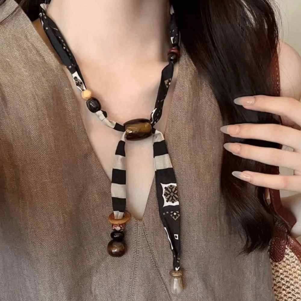 Strip Cloth Chain Necklace Clavicle Chain Multicolor Wood Bead Necklace Ethnic Style Jewelry Accessories Bohemian Choker Gift