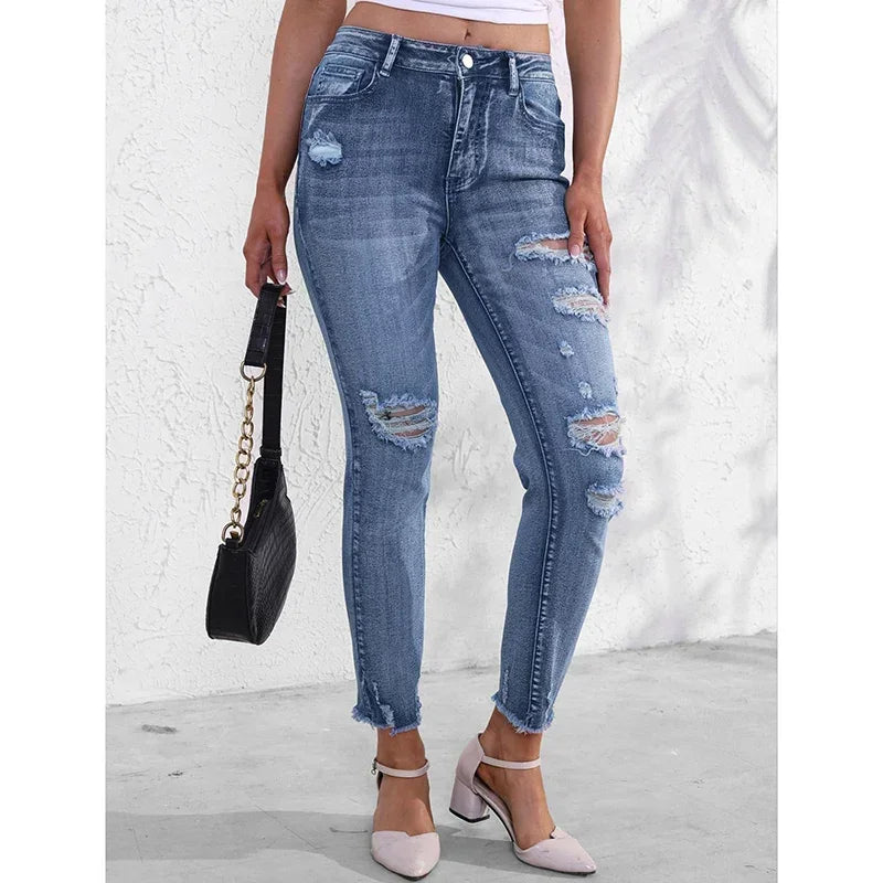 Female Ripped Narrow Straight Leg Jeans Lady Chic Korean High Waist Denim Trousers Women Fashion Designer Casual Pants