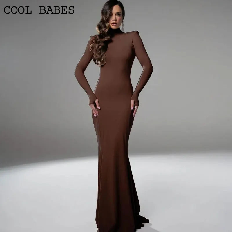 Women Dresses Elegant Party Autumn Winter Sexy Backless Dress Streetwear Fashion Casual Slim Turtleneck Brown Long Sleeves Dress