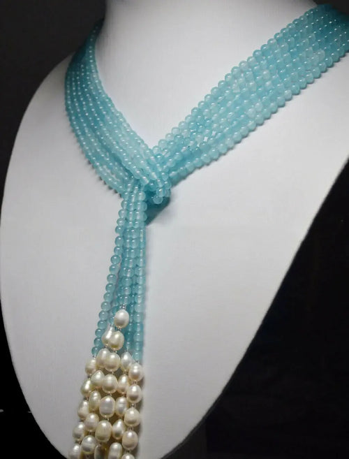 3 Strands 4mm Blue Aquamarine & 6-7mm White Rice Pearl Beads Long Necklace 49''