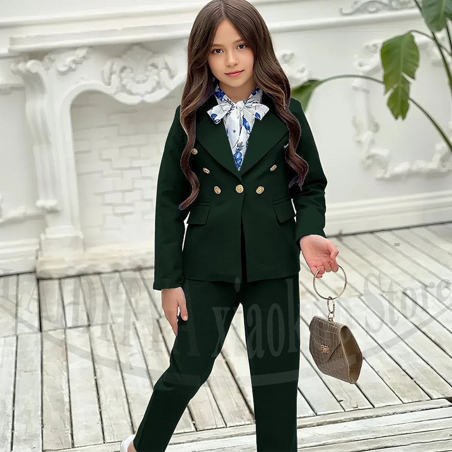 Girl Suits 2 Piece Elegant Daily Casual Fashion Kids Outfits Party Wedding Chic Double Breasted Notch Lapel Girl Clothes