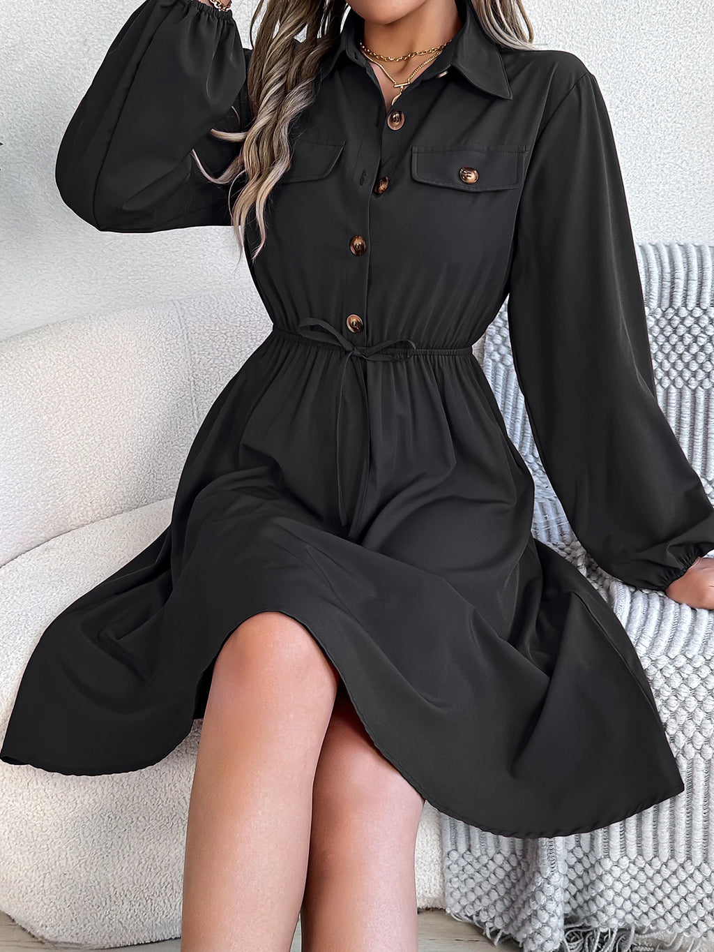 Autumn Winter Dresses for Women Casual Solid Color Button Tie Up Long sleeved Shirt Dress