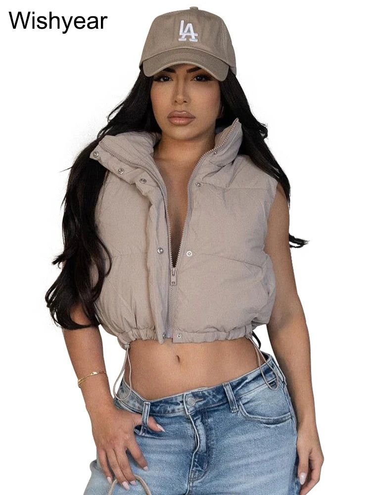 Winter Vest Cotton Padded Crop Top Women Clothing Sleeveless Stand Collar Zipper Adjustable Hem Jackets Cotton Coat Outwear New