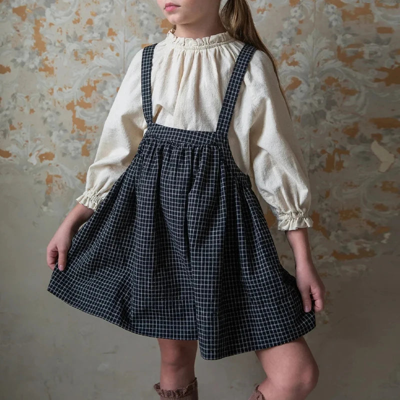 Retro Black Plaid Girls Pinafore Dress 2025 Summer New Children's Cotton Casual Loose Adjustable Straps Dresses TZ288