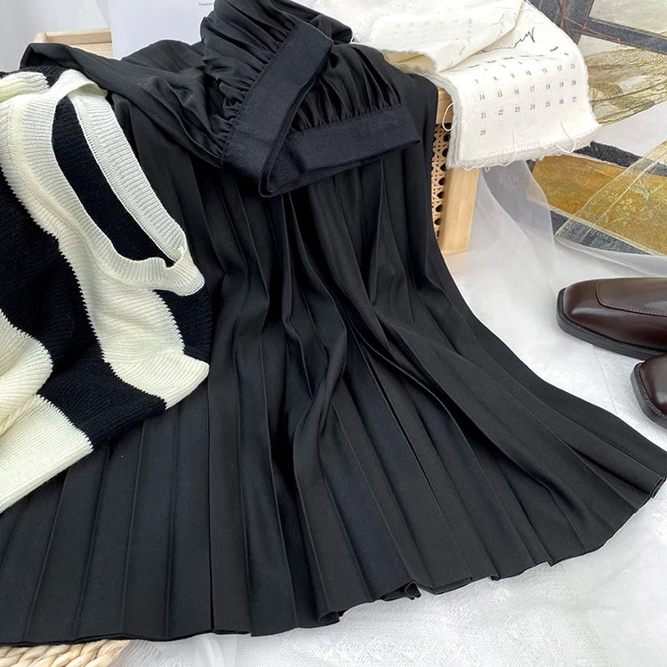 2024 Women Elegant Pleated Skirt High Waist Women Mid-long Skirt Female Ladies High Quality Women Midi Skirt Black Saia