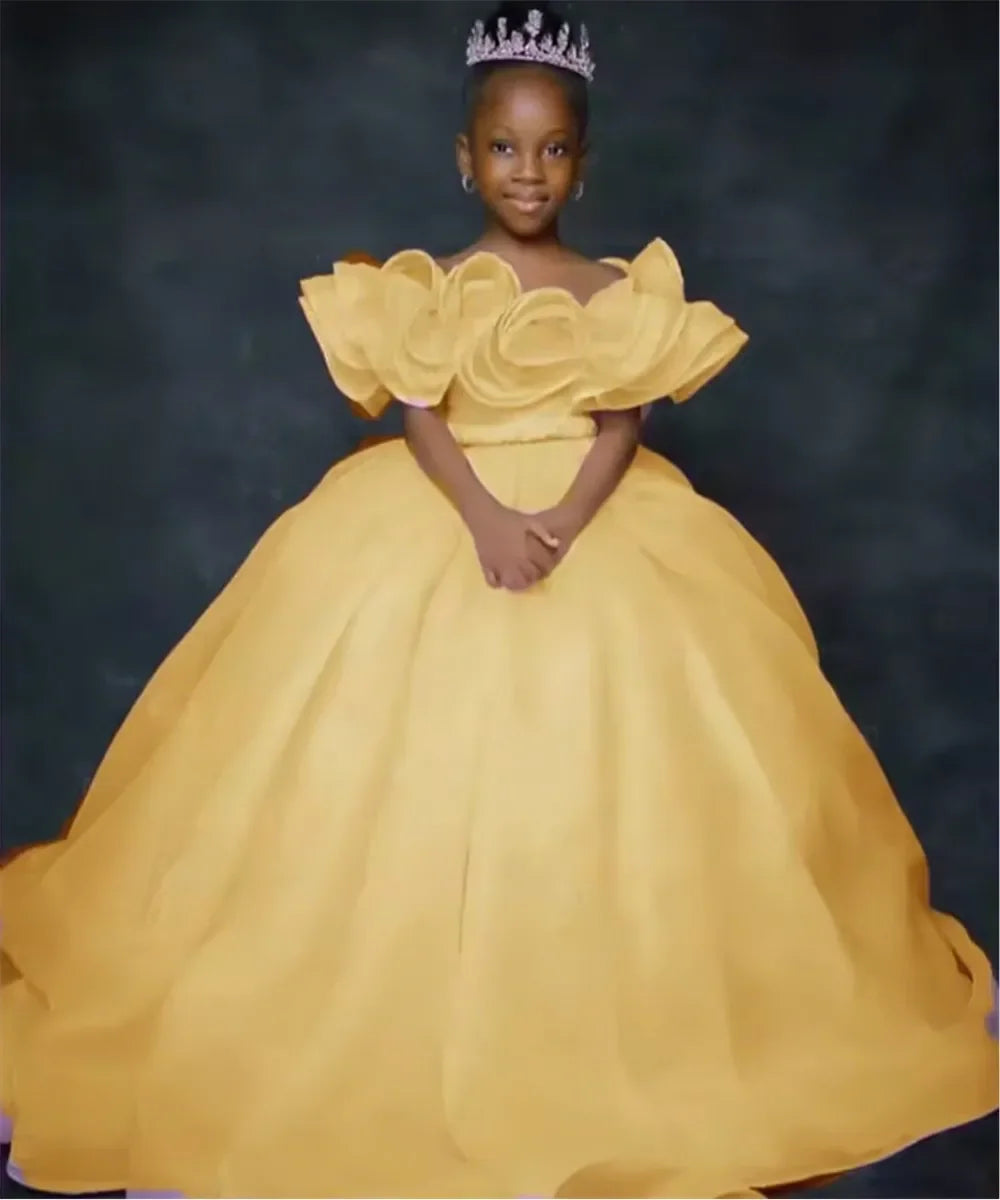 Custom JDY Kids' Birthday Dress Custom Flower Girl Dress Off-Shoulder Ruffled Tiered Tulle Ball Gown Wedding
