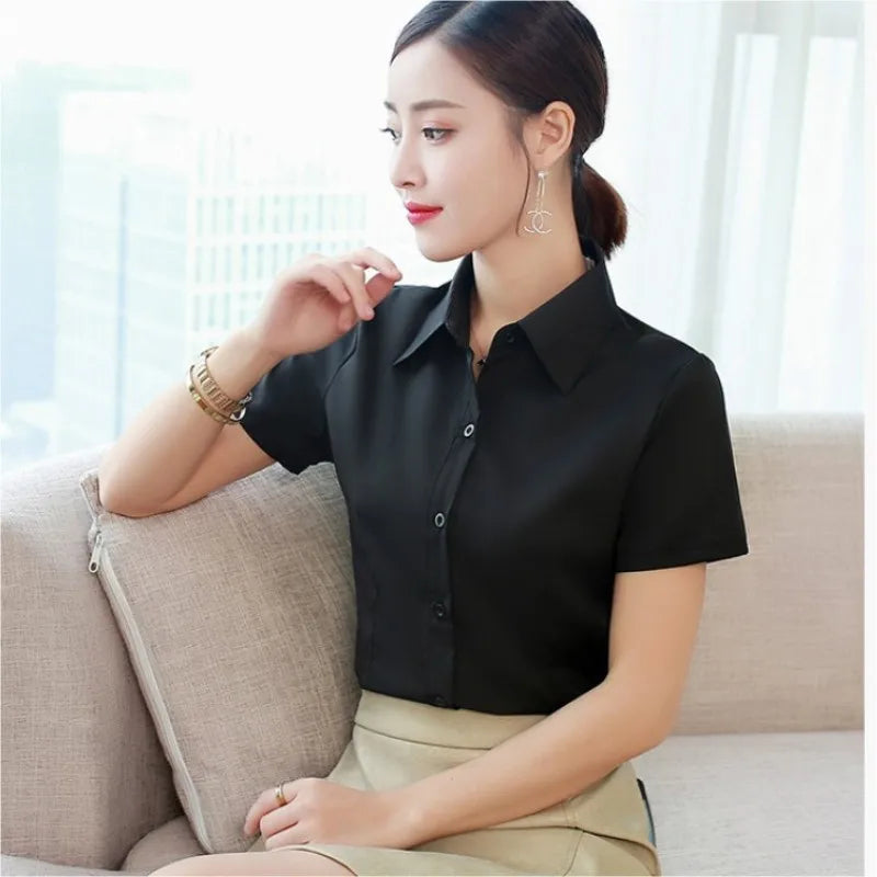 Fashion White Shirts Woman 2025 Autumn Short Sleeve Blouse Solid Ladies Tops OL Female Clothing  Basic Work Shirt Women's Blouse