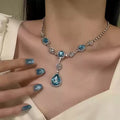 Original Blue Crystal Charm Sparkling Zirconia Necklace for Women's Niche Design Sense High end Banquet Accessories Neck Chain