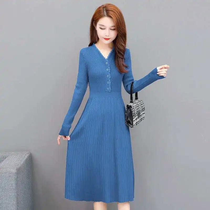 Fashion Ruffled Neck Button Folds Midi Dress Women's Clothing 2023 Autumn Winter Loose Elegant Office Lady Knitted Dress