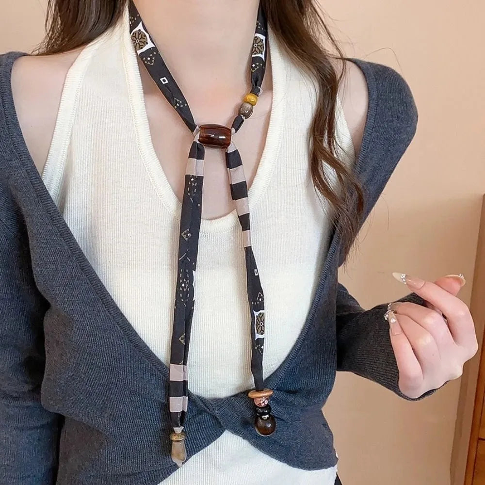 Strip Cloth Chain Necklace Clavicle Chain Multicolor Wood Bead Necklace Ethnic Style Jewelry Accessories Bohemian Choker Gift