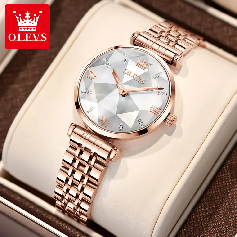 OLEVS Japan Quartz Movement Women's Watches Elegant Rose Gold Steel Strap Fashion Rhombus Glasses Waterproof Ladies Watches 6642