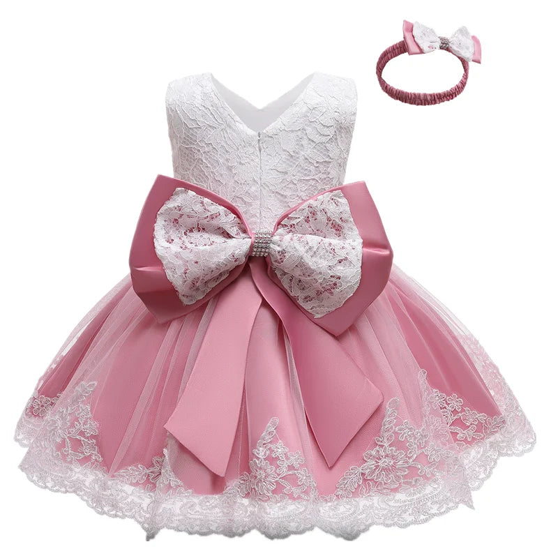 Baby Girls Dresses for 1st Birthday Party Backless Embroidery Elegant Big Bow Wedding Tutu Gown Girls Pink Formal Gala Costume
