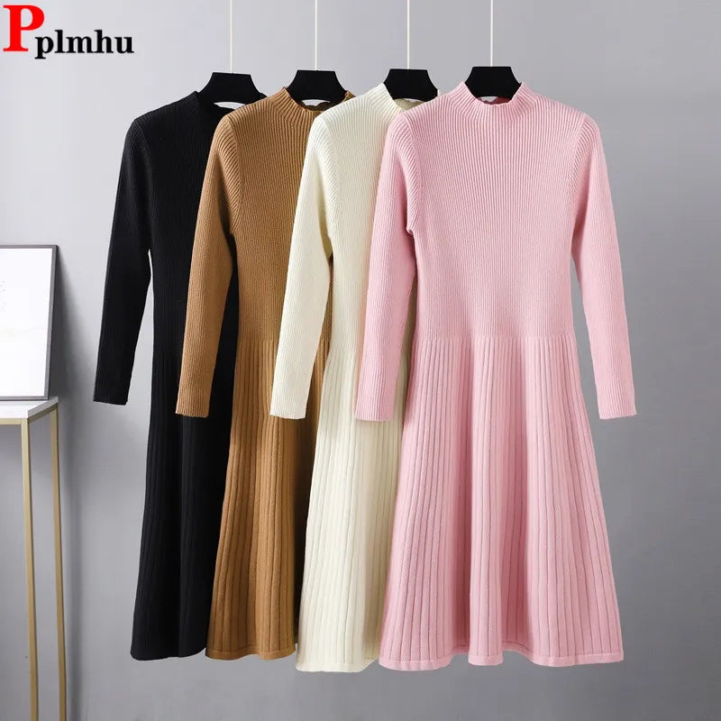 Elegant Slim A-lined Knitted Sweater Dress Women O-neck Long Sleeve Knitwears Vestidos Fall Winter Thick Mid Length Dresses New