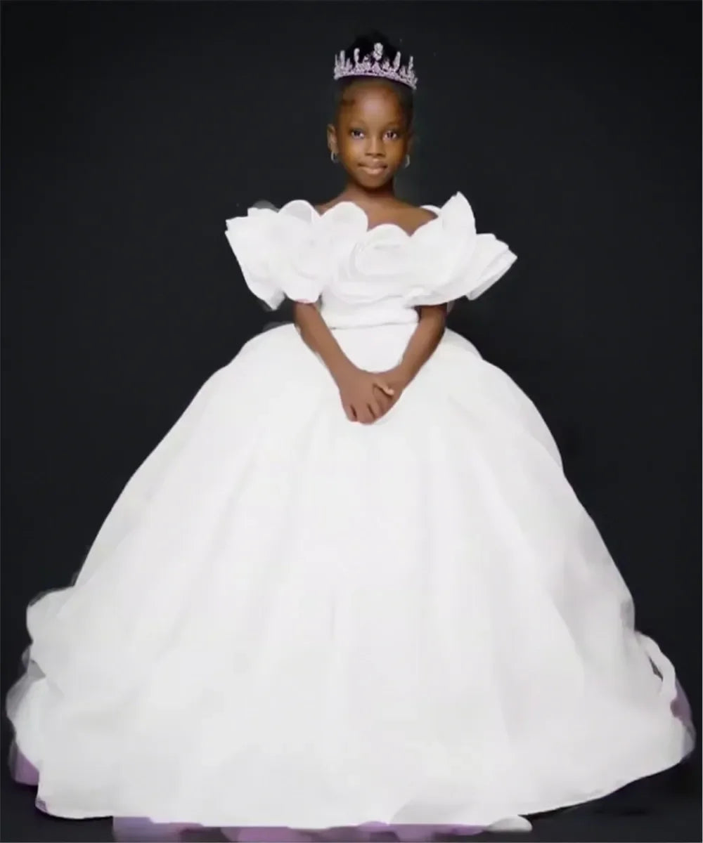 Custom JDY Kids' Birthday Dress Custom Flower Girl Dress Off-Shoulder Ruffled Tiered Tulle Ball Gown Wedding