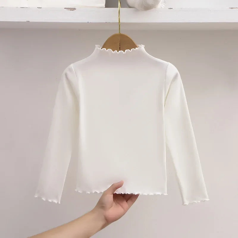 Children Clothing New Girls Base Shirt For Autumn and Winter Children Trendy Black Fungus Edge Solid Color Long Sleeved T-shirt