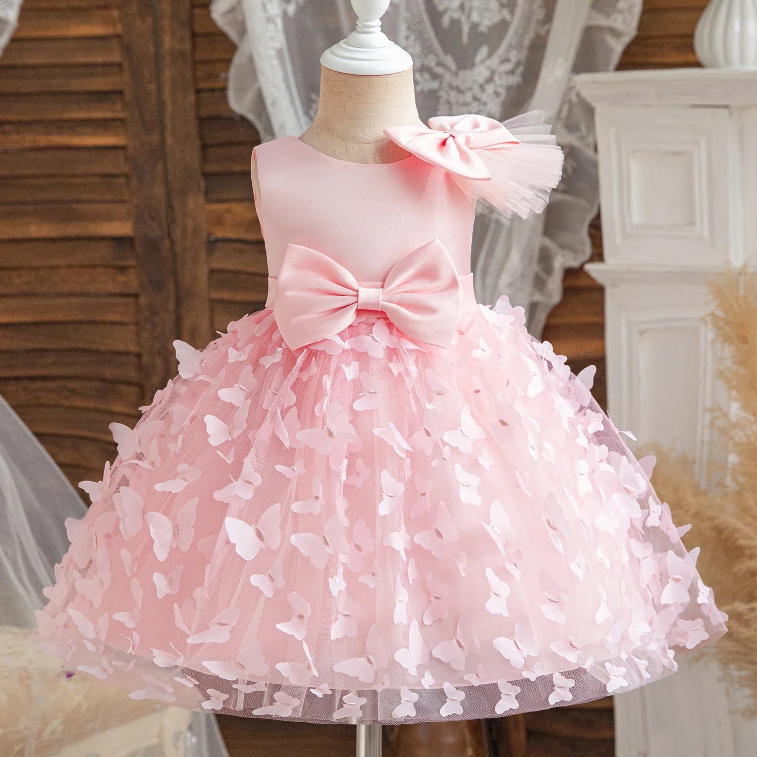Baby Girls 1st Birthday Baptism Dress Princess Wedding Kids Party Dresses for Girl Lace Christening 3D Butterfly Mesh Gown