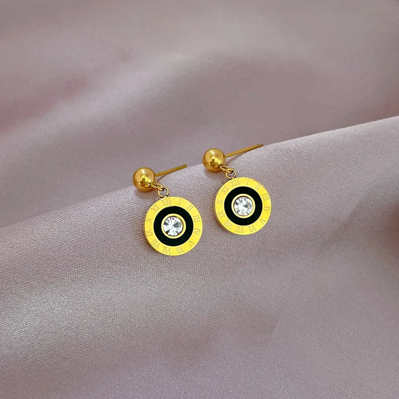 2023 Fashion Classic Roman Crystal Disc Pendant Stainless Steel Rose Gold Colour Earrings Women's Colorless Jewelry Accessories