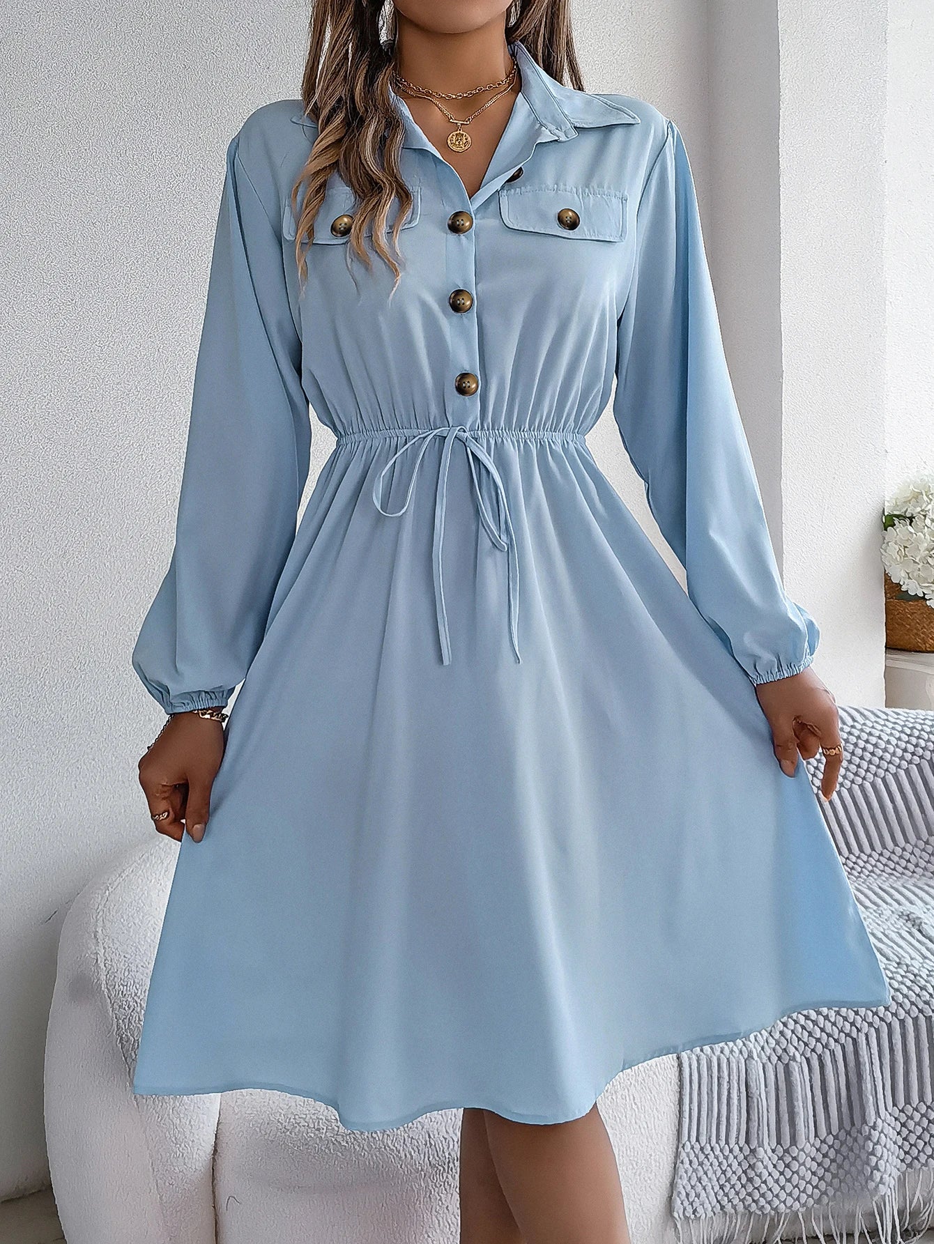 Autumn Winter Dresses for Women Casual Solid Color Button Tie Up Long sleeved Shirt Dress