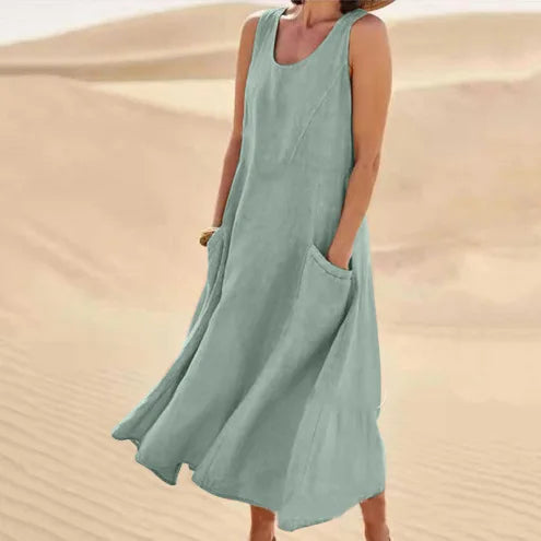 Women Coton Linen Sundress Summer Female Sleeveless Double Big Pocket Loose Sand Beachwear Long Dress Oversized S-5XL LRFZ-818