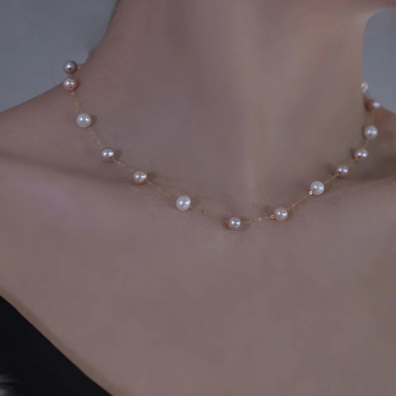 NYMPH Real 18K Gold Natural Pearl Necklace Au750 Fine Jewelry Near Round Aniversary Gift For Women Mix Color X321-1