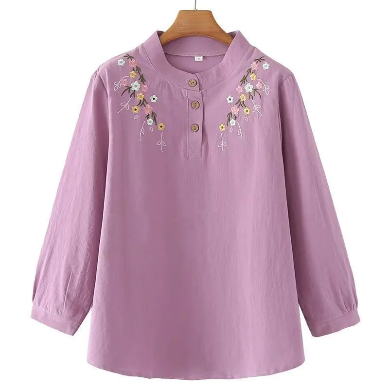MiddleAged Women Spring Autumn Long Sleeve Shirt Full Cotton Embroidered Loose Stylish Base Layer