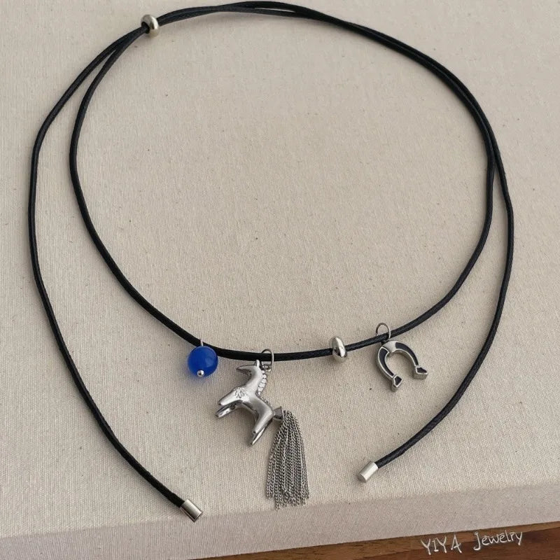 Minar Funny Metallic Cartoon Horse Multi Tassel Beads Pendant Necklaces for Women Female Adjustable Long Wax Rope Chain Chokers