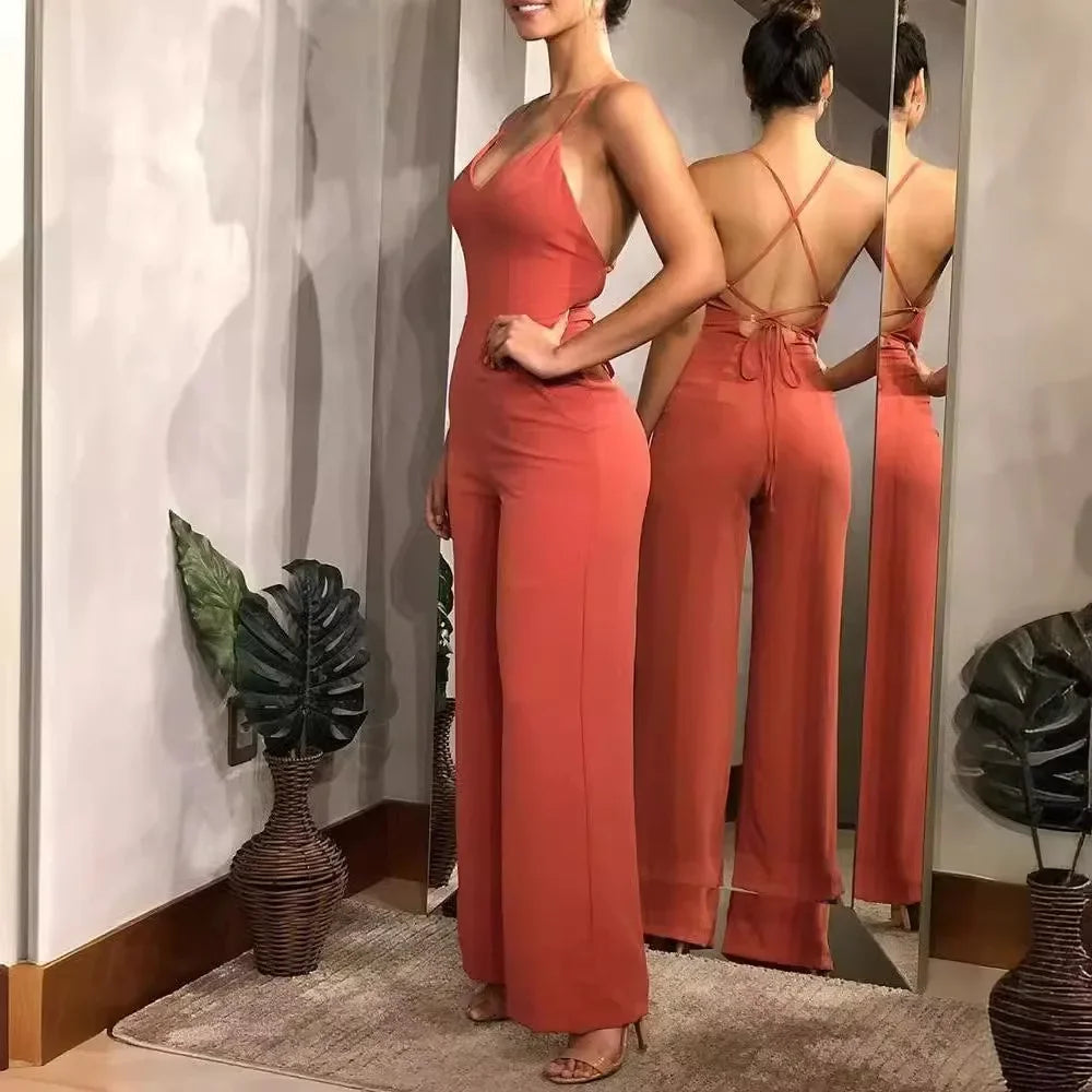 Summer Women's Jumpsuit Sexy V-Neck Solid Color Plain Halter Backless High Waist Loose Wide Leg Overall for Women