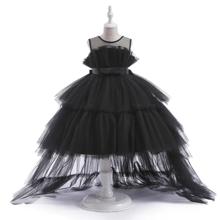 Red Puffy Tulle Flower Girls Dress Trailing First Communion Party Dresses For Girl Children Costume Princess Birthday Clothes