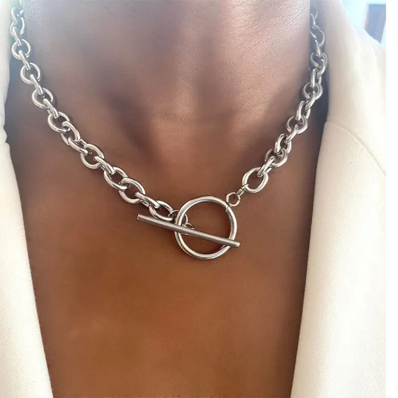 Fashion Simple Chunky Chain OT Clasp Necklace Women Trendy Versatile Stackable Metal Chain Necklace Jewelry Accessories