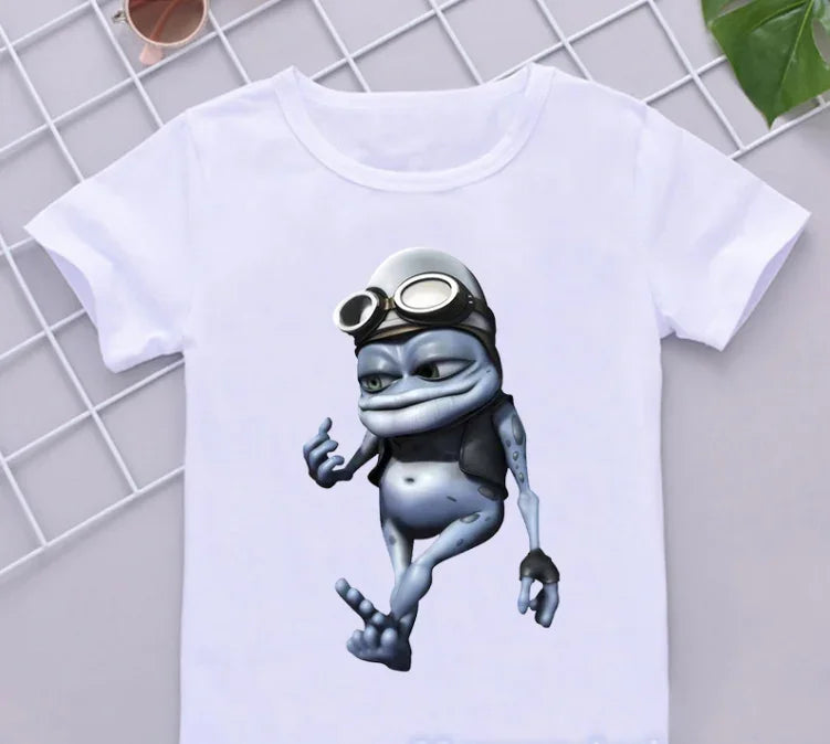 Funny Boys T-Shirts New Crazy Frog Anime Cartoon Print Children'S Tshirts Hip-Hop  Clothes White Short-Sleeved Shirt Tops
