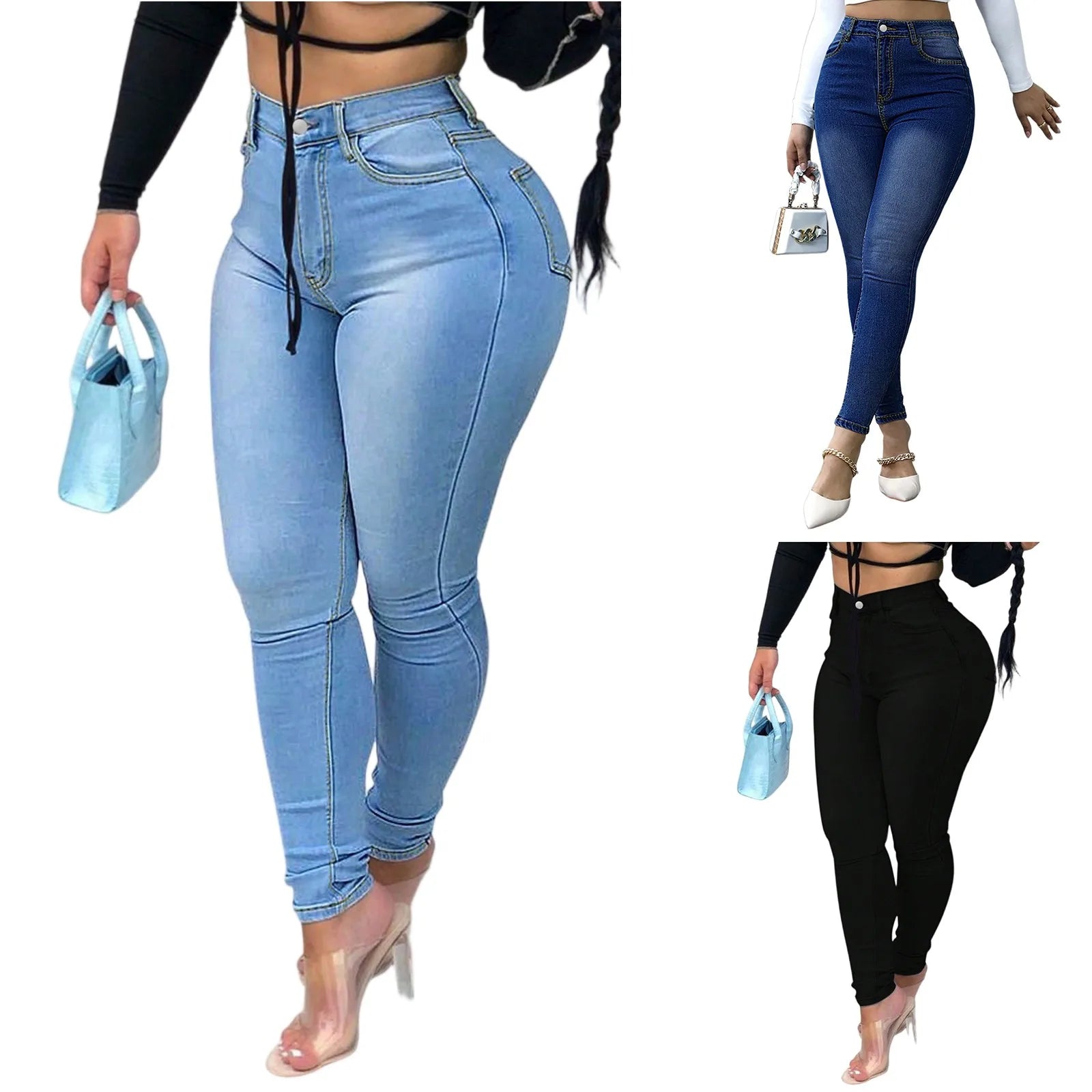Ladies' tight fitting trendy jeans Casual fashion jeans pants High waist hip lift Pencil pants Daily versatile denim trousers