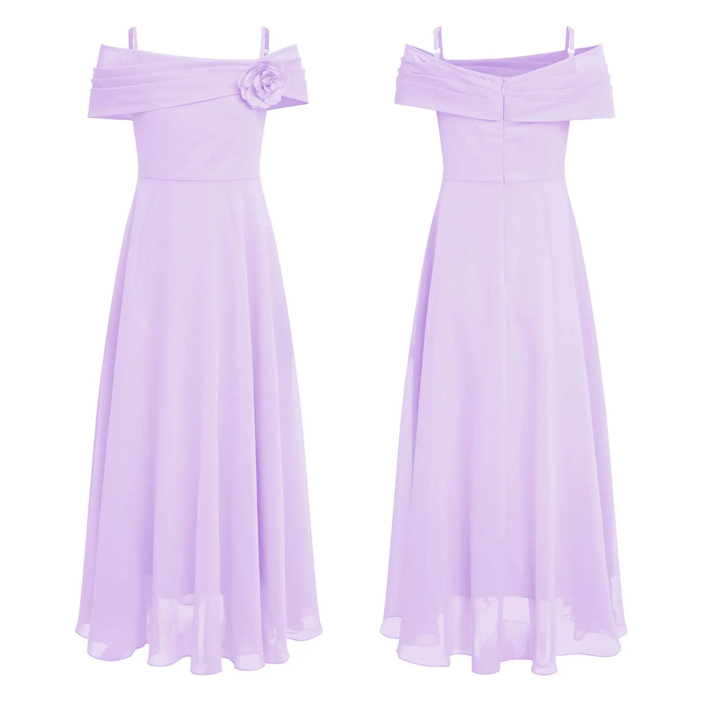Kids Girls Elegant Party Dress Wedding Bridesmaid Birthday Prom Gown Off Shoulder Ruched 3D Flower Applique Chiffon Maxi Dresses