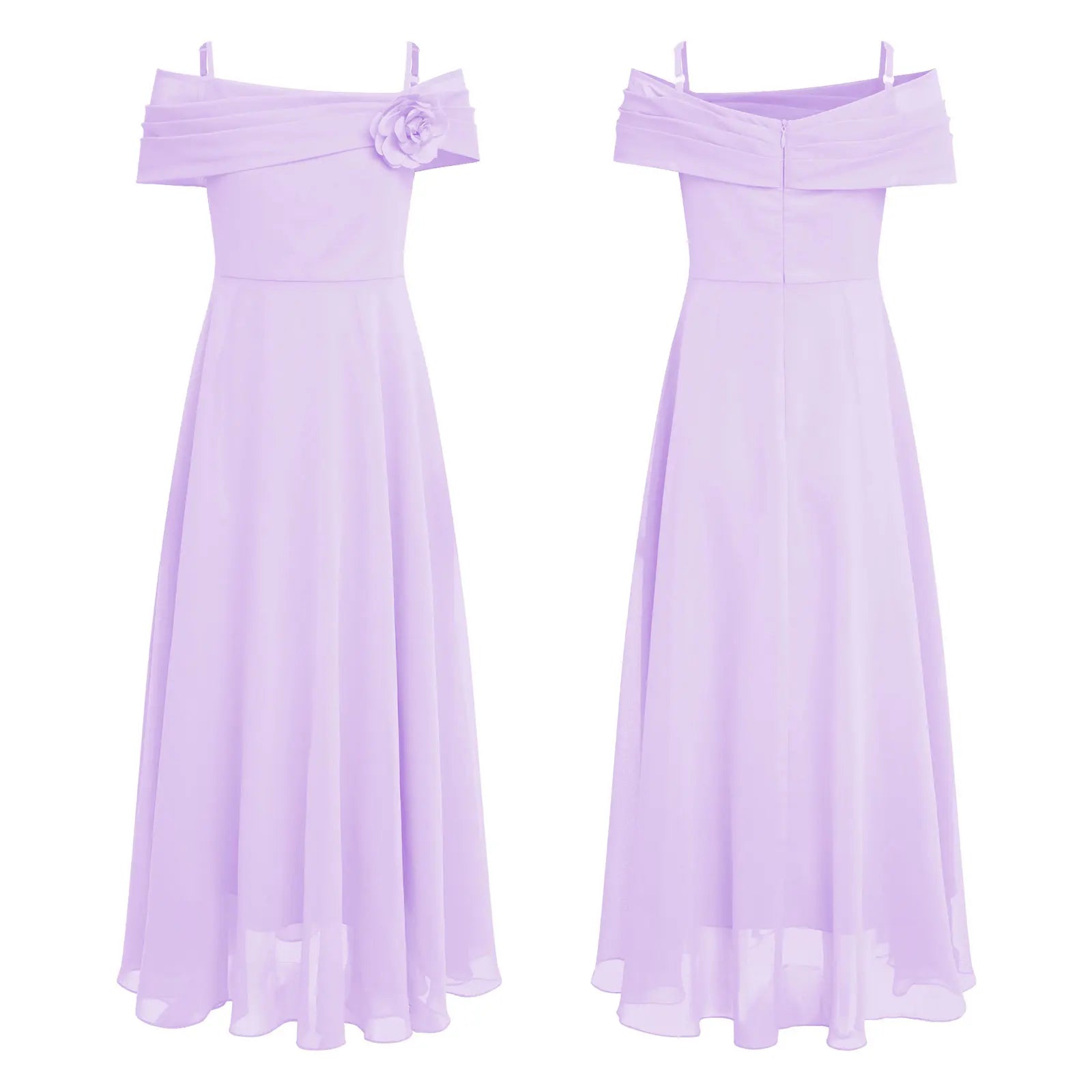 Kids Girls Elegant Party Dress Wedding Bridesmaid Birthday Prom Gown Off Shoulder Ruched 3D Flower Applique Chiffon Maxi Dresses