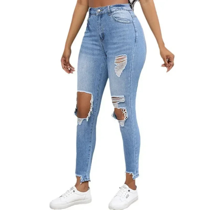 Women Jeans Holes Distressed Pencil Pants Denim Pockets Sexy High Waist Washing Zipper Fly Slim Fit Ankle Length Summer