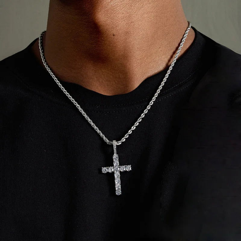Iced Out Crystal Zircon Cross Pendant Necklace Silver Plated Twisted Chain Necklaces For Men Women
