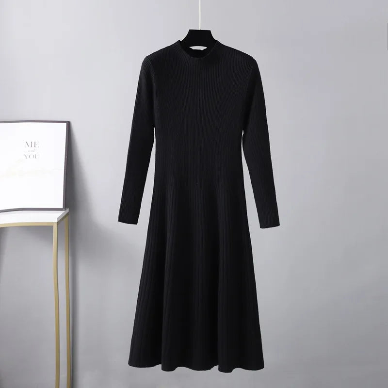Elegant Slim A-lined Knitted Sweater Dress Women O-neck Long Sleeve Knitwears Vestidos Fall Winter Thick Mid Length Dresses New