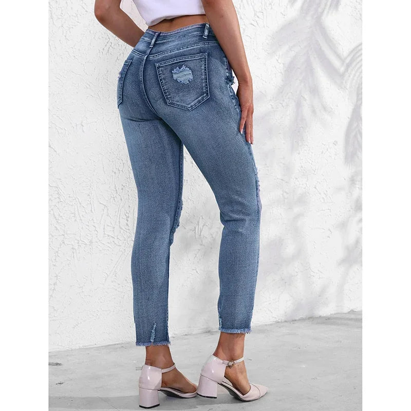 Female Ripped Narrow Straight Leg Jeans Lady Chic Korean High Waist Denim Trousers Women Fashion Designer Casual Pants