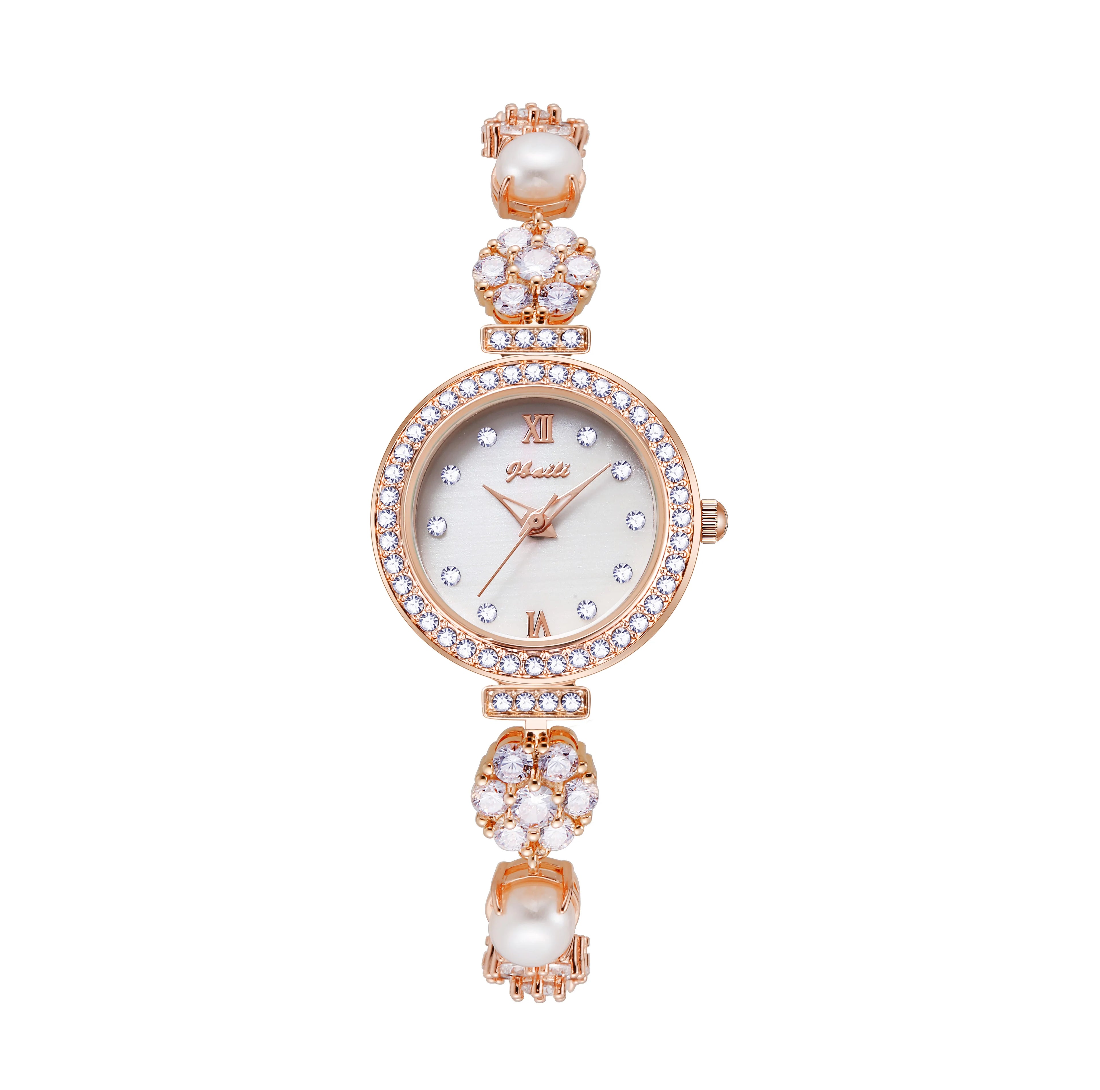 Personalized temperament round diamond silver four flower jade round diamond pearl rosegold strap luminous women quartz watch