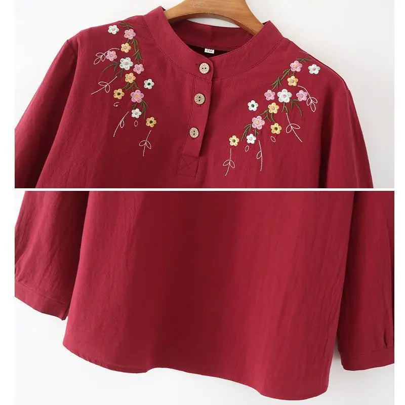 MiddleAged Women Spring Autumn Long Sleeve Shirt Full Cotton Embroidered Loose Stylish Base Layer