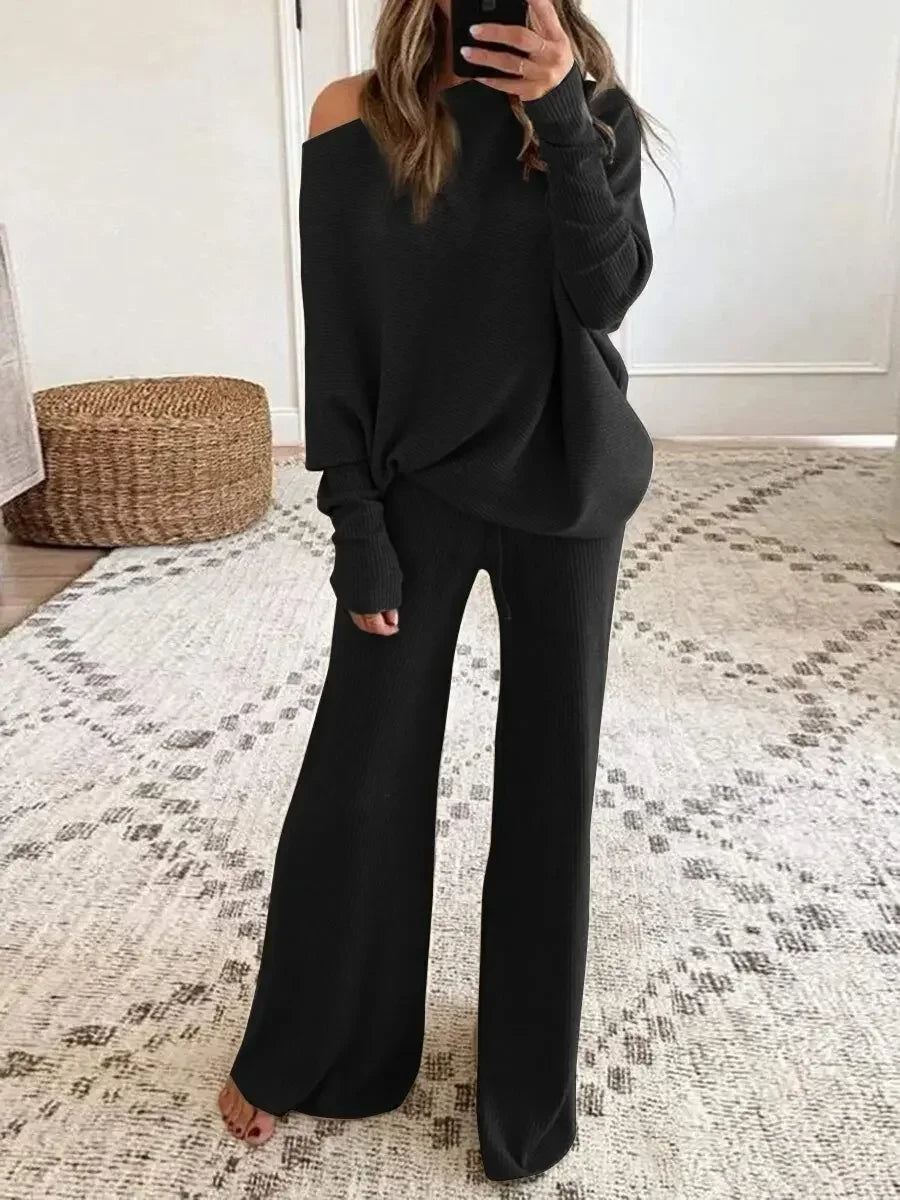 New Women's 2pcs Clothes Set Solid Color Round Neck Long Sleeve Casual Top & Loose Wide Leg Pants Home Wear
