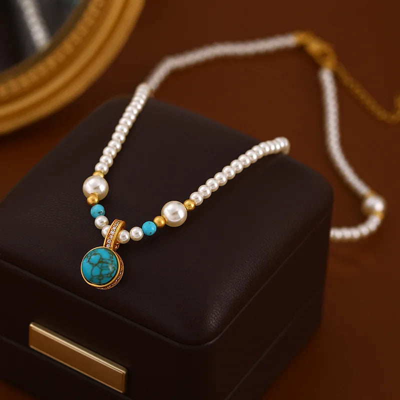 Modern Chinese Style Necklace 18K Gold Plated Turquoise Pendant with Pearl Beads Elegant Adjustable Collarbone Chain Jewelry