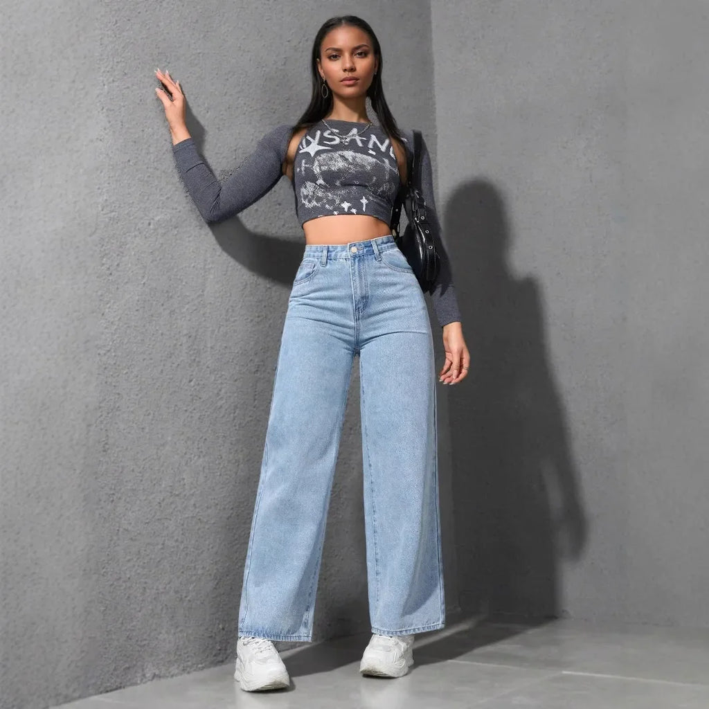 Jeans Women Denim Pant Wide Leg Pants Denims High Waist Washed Distressed Basics Straight Trousers 2025 Streetwear Floor Length