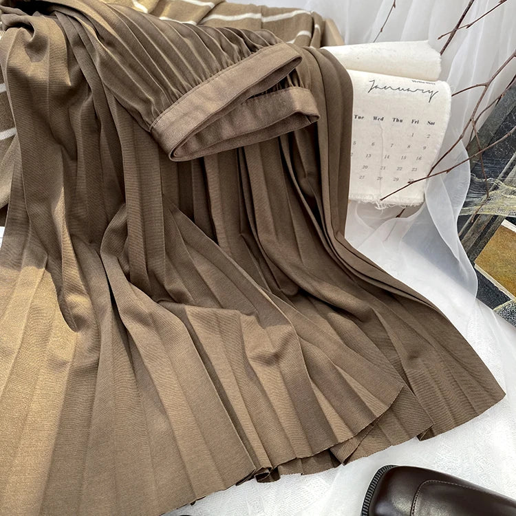 2024 Women Elegant Pleated Skirt High Waist Women Mid-long Skirt Female Ladies High Quality Women Midi Skirt Black Saia