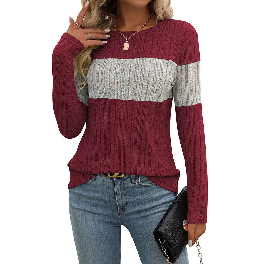 2025 Spring New Women's Long Sleeve Blouses Female Casual Color Blocked Pit Stripes Shirts For Women O-Neck Knitted Loose Tops
