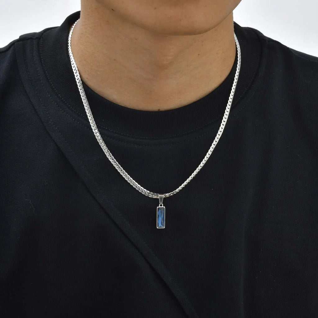 Stylish Mens Geometric Stone Pendent Necklaces,Stainless Steel Flat Cuban Chain Collars,Hip Hop Jewelry Gifts for Him Boys