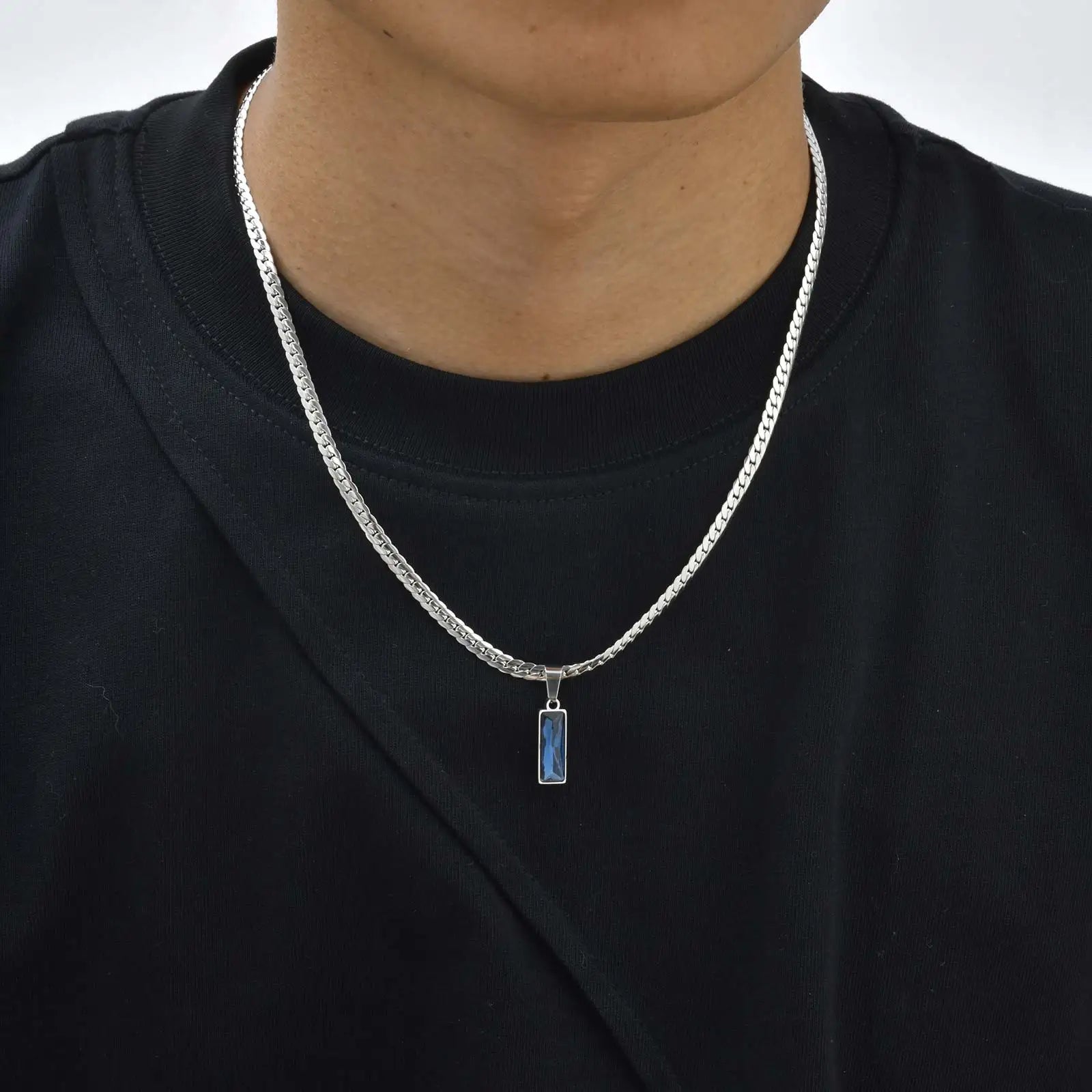 Stylish Mens Geometric Stone Pendent Necklaces,Stainless Steel Flat Cuban Chain Collars,Hip Hop Jewelry Gifts for Him Boys